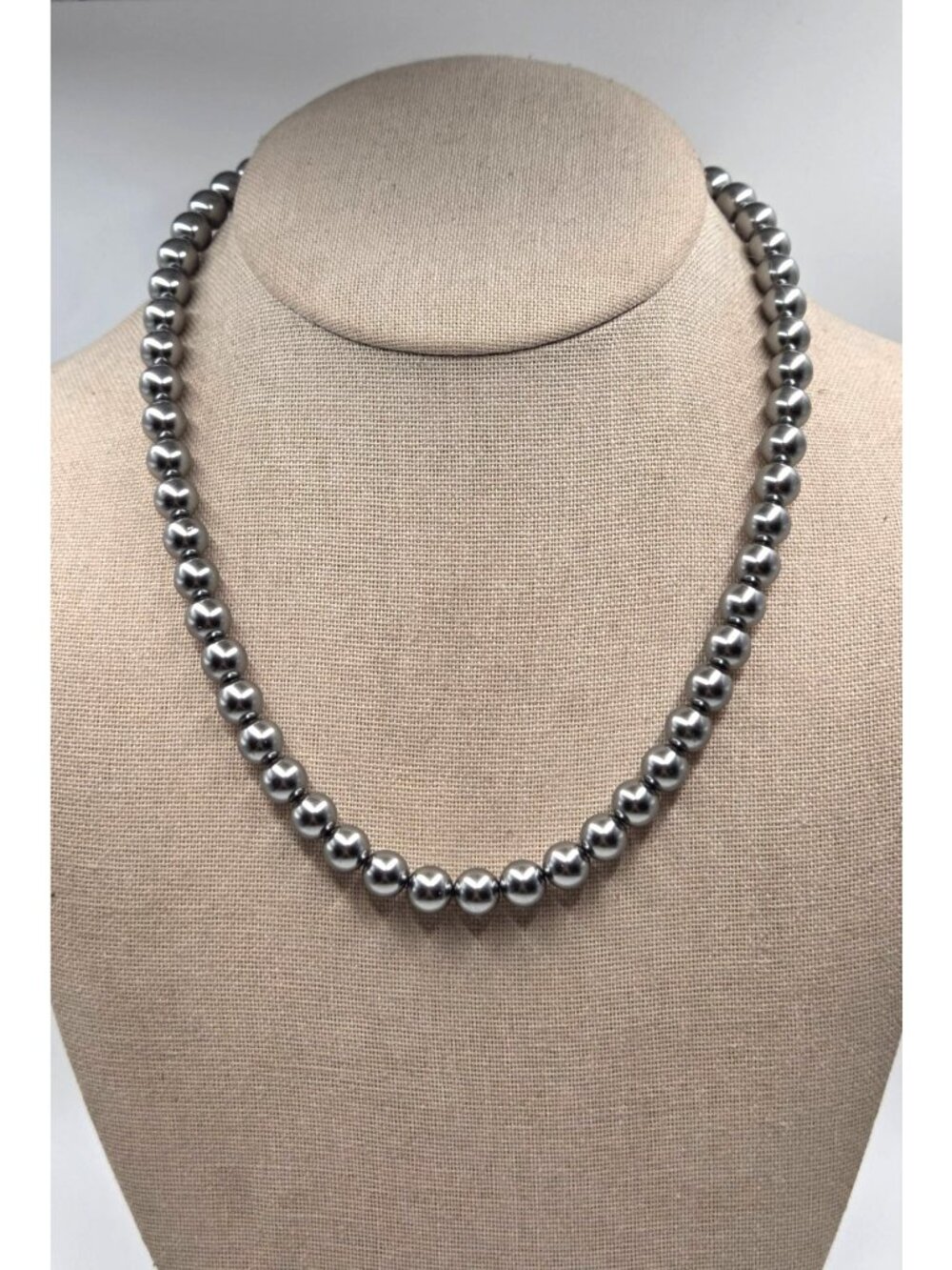 Gray Glass Beaded Necklace With  Silver Tone Fold Over Clasp